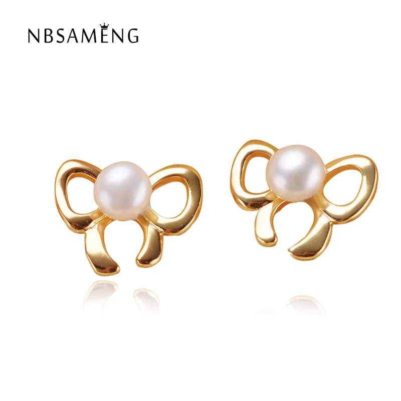 

Fashion Natural Pearl Earrings For Women Gold Color Butterfly 5mm-6mm 925 Sterling Silver Jewelry Earrings Wedding Gift