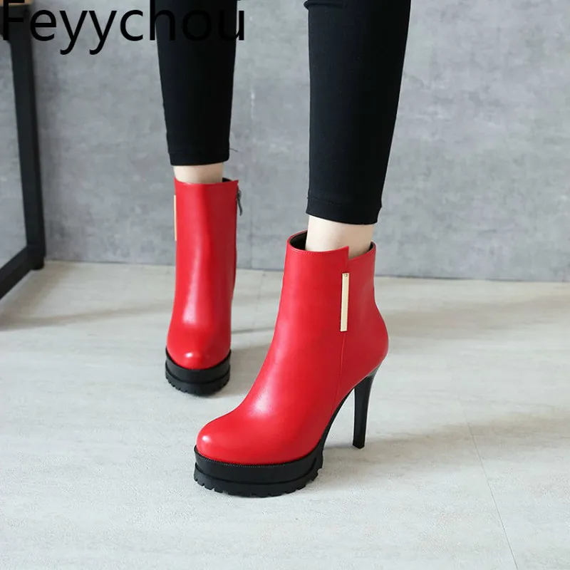 

Women Boots Autumn Winter Warm Flock Super High-heeled Martin Shoes 2018 New Sexy Fashion Mid-calf Zip Motorcycle Red Black