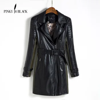 

Pinky Is Black Medium-Long Leather Jacket Women 2019 New Autumn Plus Size 5XL Black/Army Green Spliced Sashes Women Leather Coat