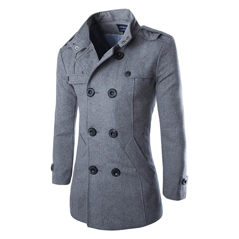 Autumn Long Wool Coat Men Fashion Turn-down Collar Wool Blend Double Breasted Pea Coat Jacket Men Overcoats Jacket