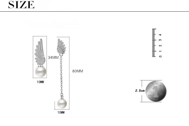 Новое поступление,, модные асимметричные серьги-гвоздики с крыльями ангела, имитация жемчуга, циркон, серебро 925 пробы, ювелирные изделия