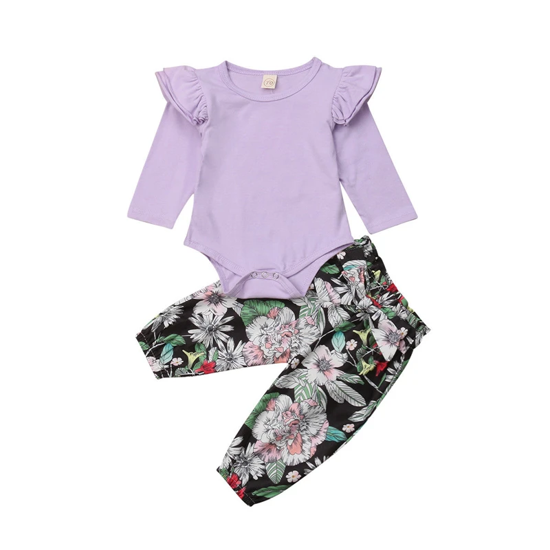 Autumn/Winter Baby Girls Elegant Clothes Set Ruffle Purple Tops Romper Jumpsuit+Flower Bow Pants Toddler Girl Outfit |