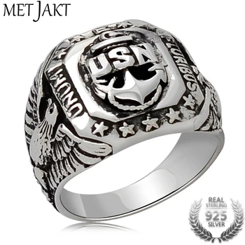 

MetJakt Punk Rock US Navy Men's Rings & Hand Carved USN and Eagle Pattern Solid 925 Sterling Silver Vintage Cool Men Jewelry