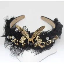 Модная Королевская корона, Черное кружево, барокко, золотой цветок, повязка на голову, винтажный дворцовый жемчуг, ободки для волос,, свадебная тиара Menina 112