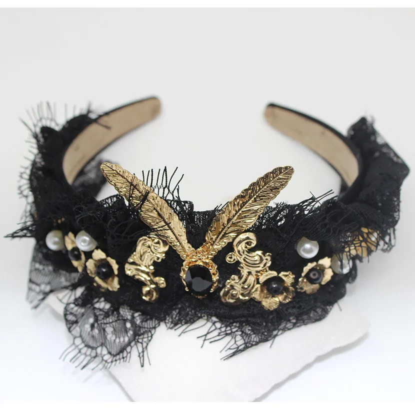 

Fashion Queen Crown Black Lace Baroque Gold Flower Headband Vintage Palace Pearl Hairbands Wholesale Bridal Tiara Menina 112