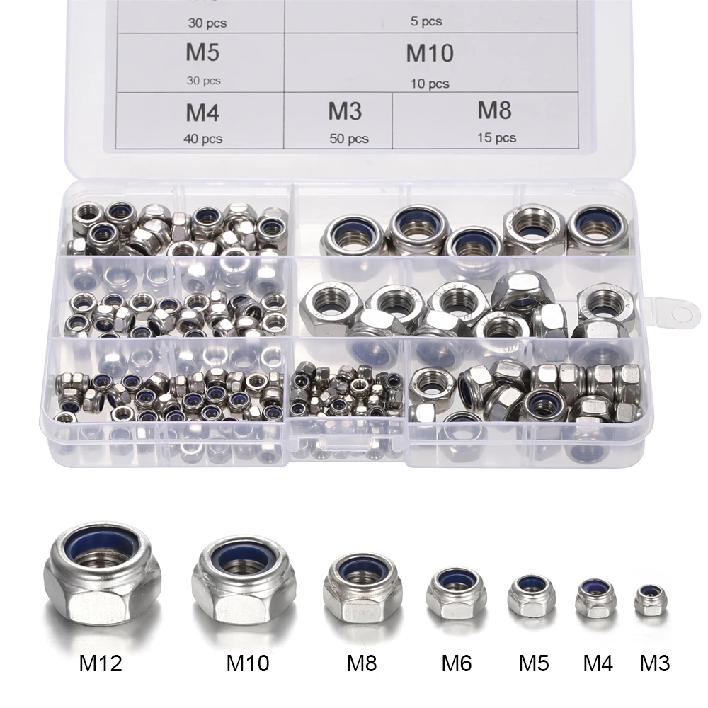 

180pcs/set M3/M4/M5/M6/M8/M10/M12 Black Self Locking Hex Nuts Nylon Lock Nuts Assortment Kit