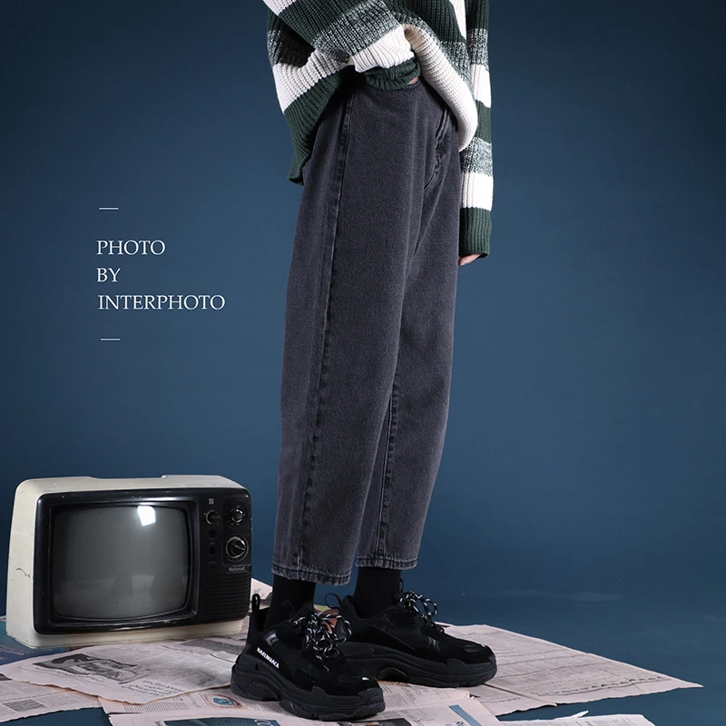 

Fashion Casual Men's Jeans Spring And Autumn New M-XL Solid Color Loose Trousers Blue Black Personality Youth Popular