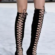 Высококачественные женские модные сапоги-гладиаторы до колена на шнуровке из черной замши сапоги на очень высоком каблуке с вырезами модельные туфли