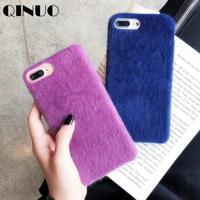 QINUO Cute Fluff wool Phone Case for iphone 5 6 6s 7 8 Plus Plush Simple Soft Cover For X XS Max XR Coque Funda Capa |