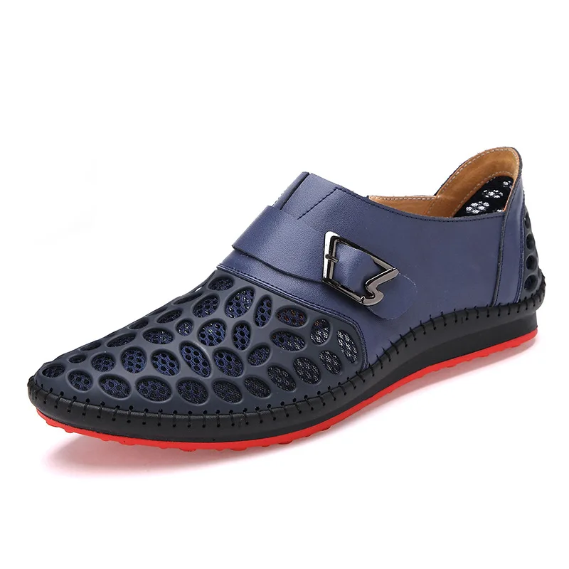 Moda 2018 brown Novos Verão Respirável on Black Casuais Sandálias Baixos Mens Malha Couro gray Slip Homens De Dos Homens's Ocas Mocassins blue Sapatos 8r8w1q