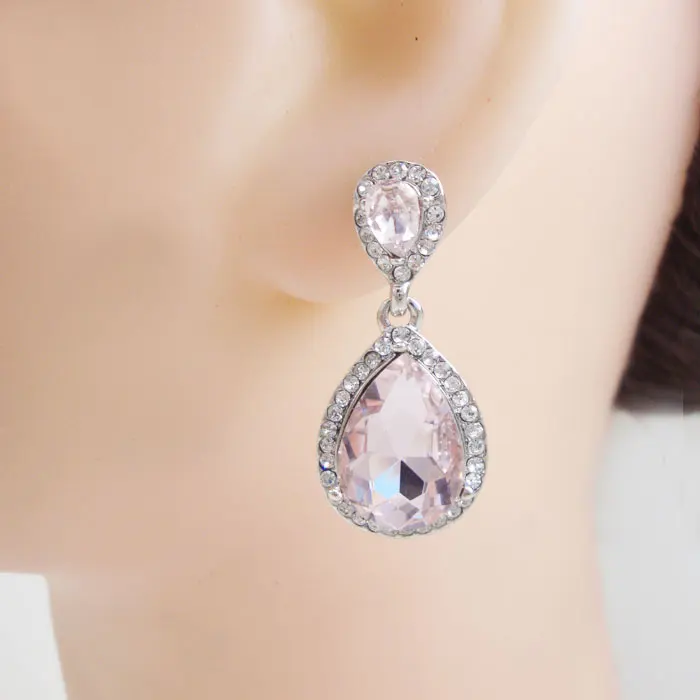 

Silver Tone Pink Austrian Crystal Bride Bridesmaid Teardrop Woman Earrings