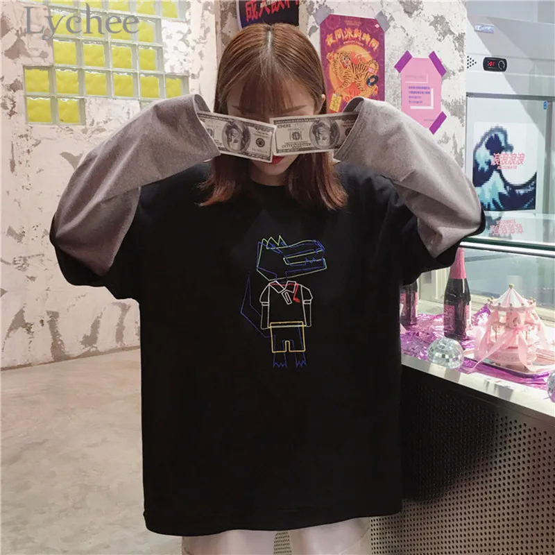 Lychee Harajuku Мультфильм крокодиловая вышивка Лоскутная Толстовка с круглым вырезом