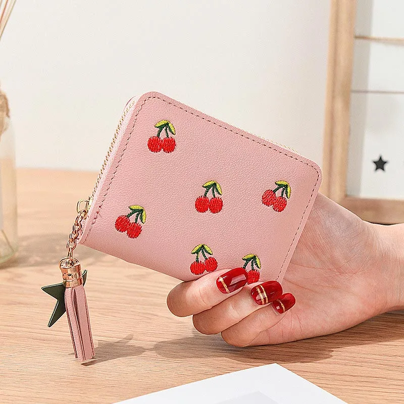 

8 Colors Women Short Wallets Cherry Girls Zipper Coin Wallet Tassel Woman Mini Clutch Purses Lady Cards Holder Burse Money Bags