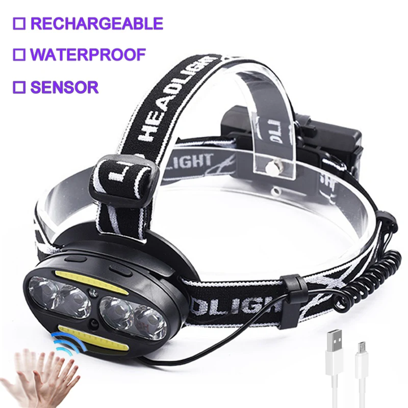 

Headlamp 18650 Rechargeable 4*T6 2*COB 50000lm LED Headlamp Headlight Sensor USB Flashlight Lantern Hunting Fishing Head Lamp