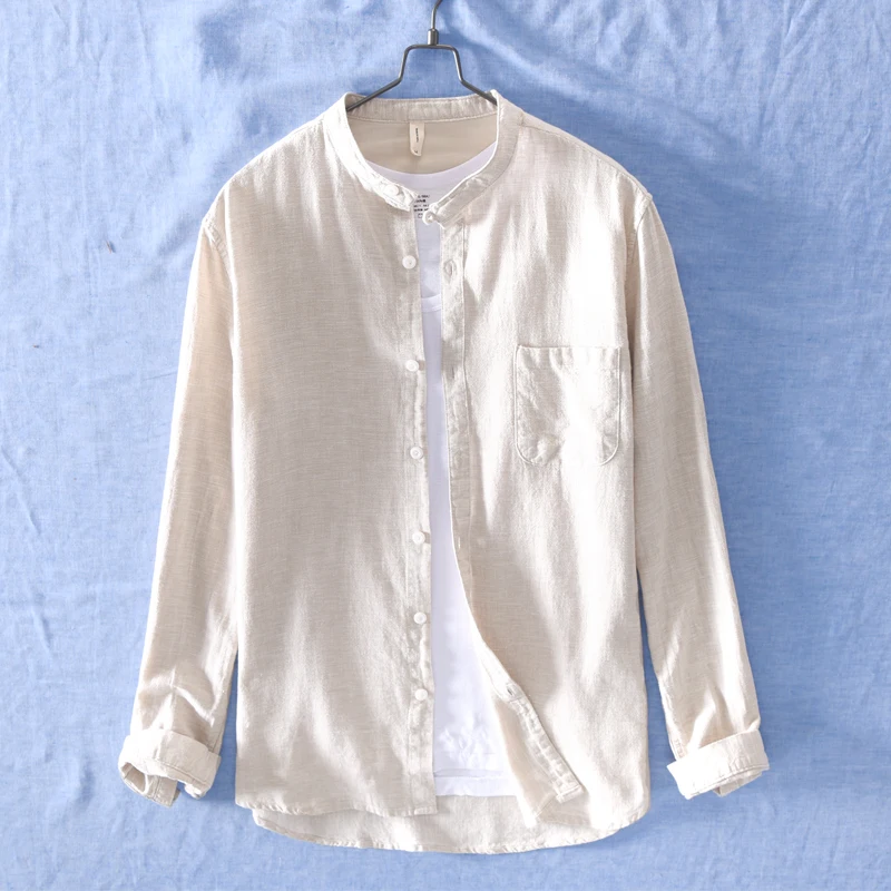 2019 New arrival men's cotton and linen stand collar shirt men brand