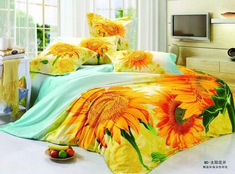 3d Sunflower Bedding Set Yellow Floral Queen Size Double Quilt