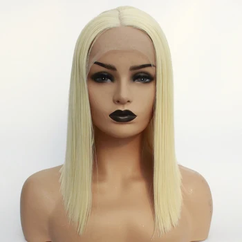 

Blunt Straight Platinum Blonde Glueless Synthetic Lace Front Wig Natural Hairline 613 Bleach Blonde Daily Wig for White Women