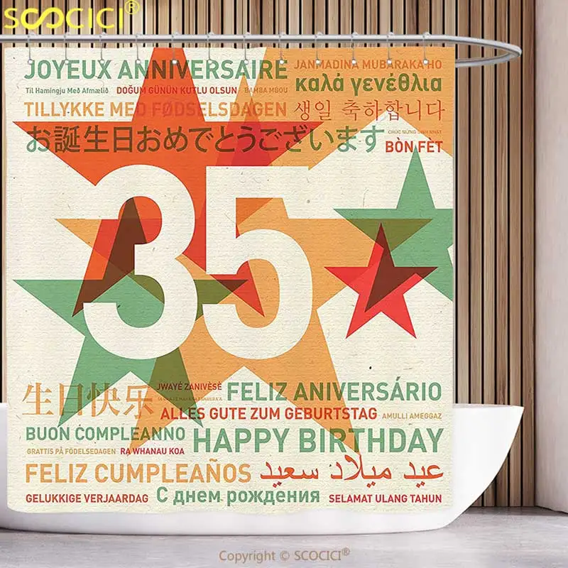 

Polyester Shower Curtain 35th Birthday Decorations Stars and Greetings in Different Languages Old Fashion Backdrop Multicolor
