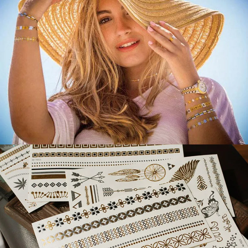 

European and American style hot stamping tattoo stick metal retro mobile phone stick waterproof shiny bracelet stickers