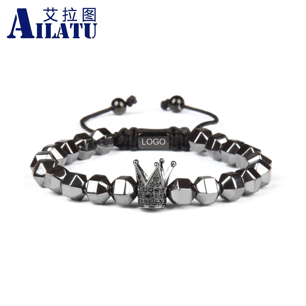 

Ailatu Couples Crown Bracelet Hematite Stone Beads Braided Bracelet No Fade CZ Charm Laser Marking Logo Engrave Brand