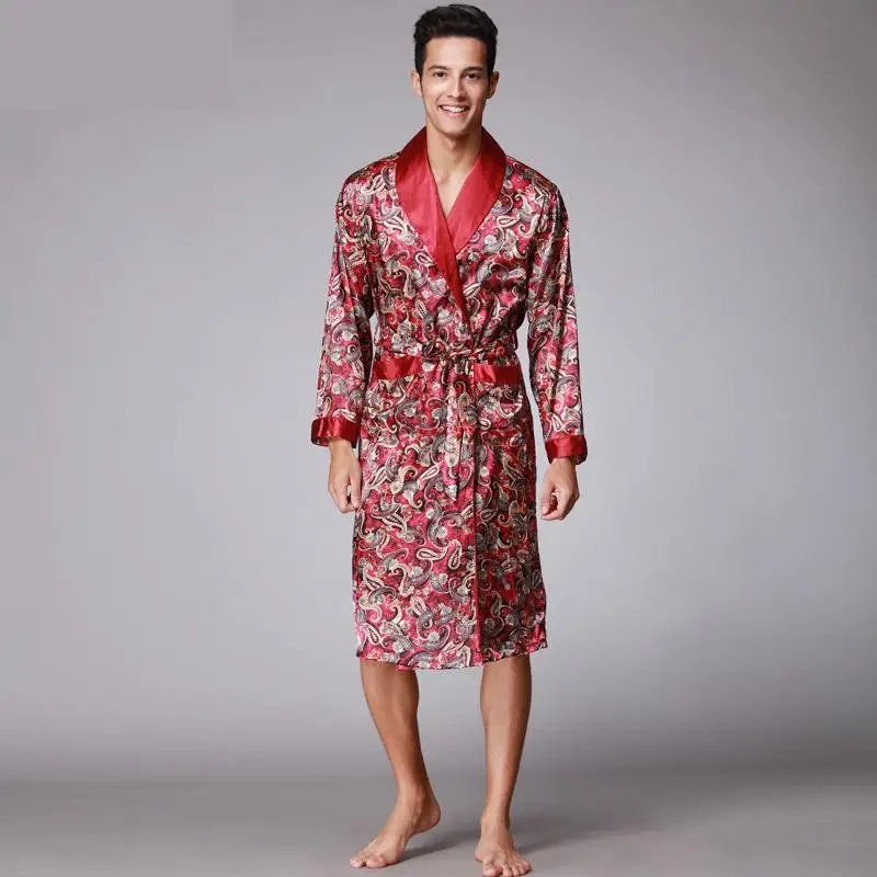 Men Silk bathrobes long sleeved bath robes Night gown For Male Senior