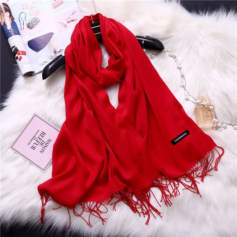 LaMaxPa Модный зимний теплый однотонный шарф для женщин/леди, утолщенные шерстяные пашмины шали, длинные кашемировые женские кашне, накидки - Цвет: Red