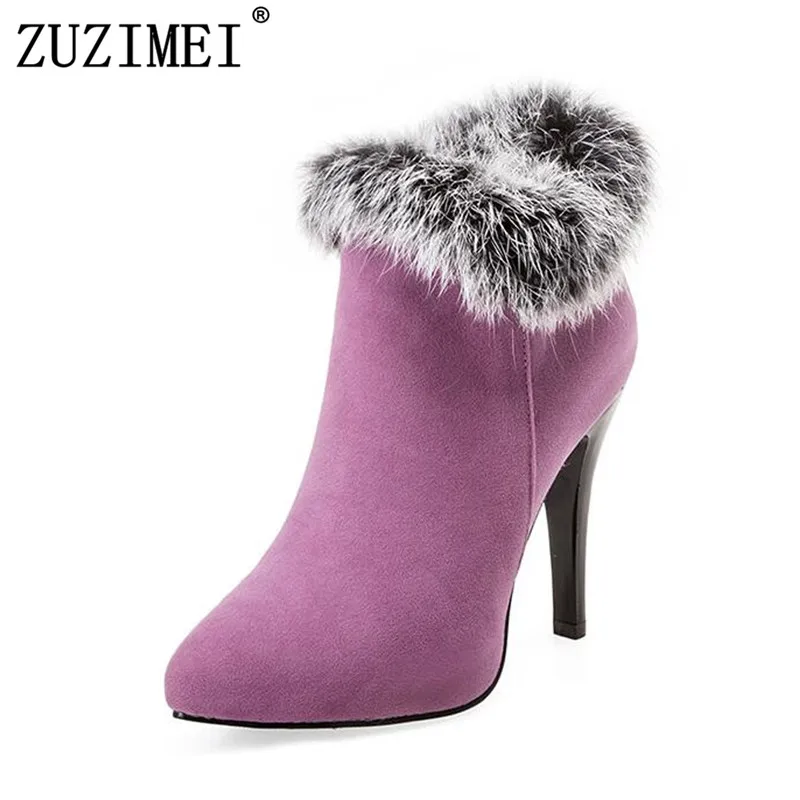 

Shoes Women High Heels Ankle Boots Winter Boots Fur Platform High Heels Ladies Boots Zip White Purple Big Size 45