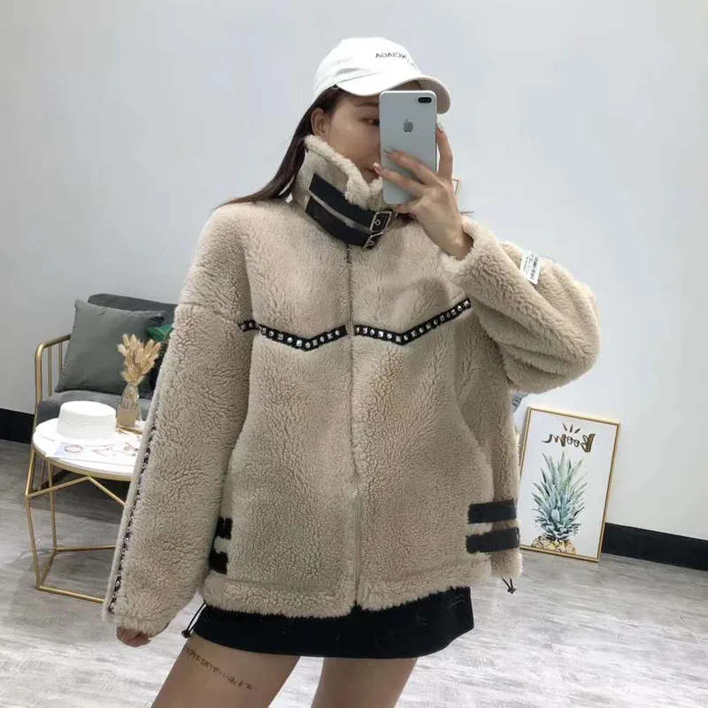 Manteau femme hiver шуба мото и Байкерская зимняя женская овечья меховая парка плюс размер замшевая кожаная куртка бриллианты короткая одежда