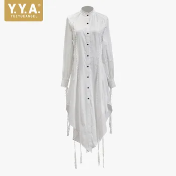 

Spring New Women Asymmetrical Long Shirts Dress Stand Collar Cotton Bohemian Vintage Dress Straps Single Breasted Casual Dress