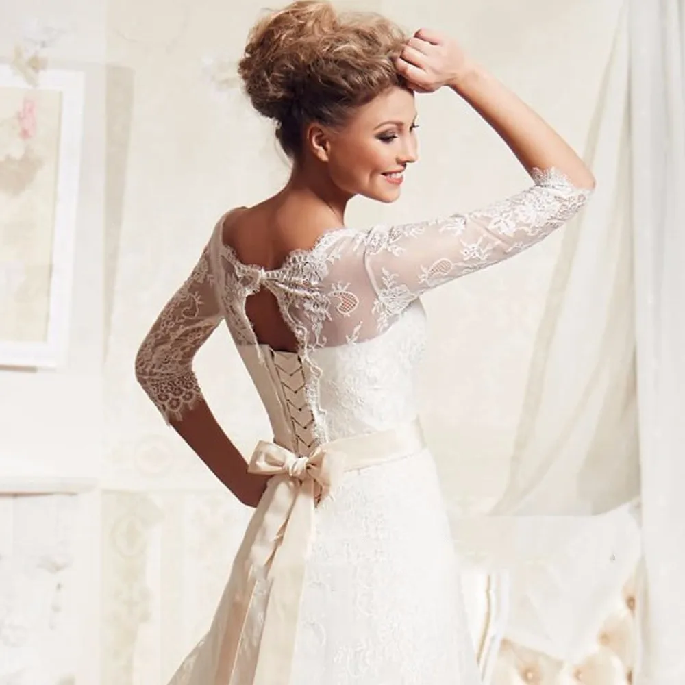 Vestidos-de-noiva-manga-curta-Lace-Wedding-Dresses-A-Line-Bandage-Bridal-Gowns-Belt-Scoop-Trouwjurken (3)