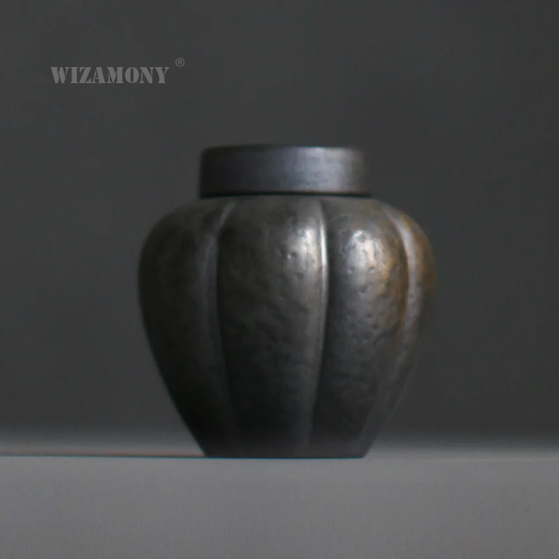 

WIZAMONY Chinese KungFu Jingdezhen tea caddy canister Black Crude Pottery Porcelain container for puer Oolong tea storage chest