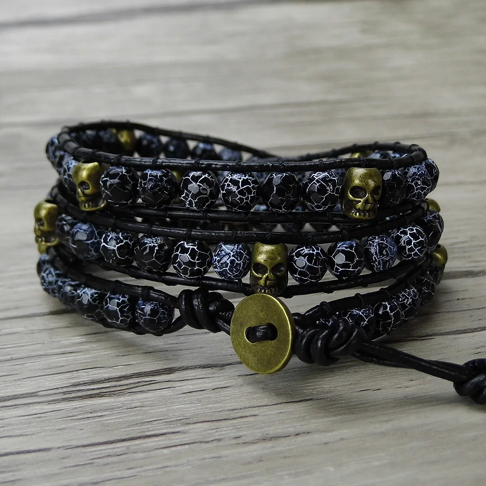Black faceted matt beads bracelet skull beads wraps bracelet yoga