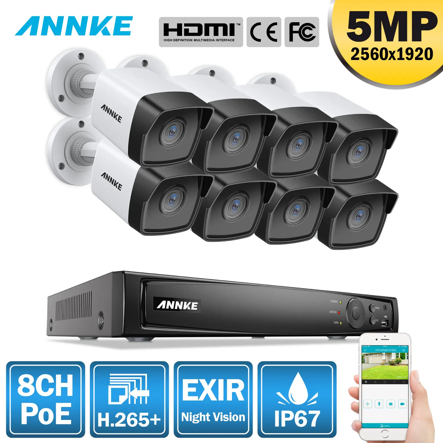 

ANNKE 5MP H.265+ 8CH HD PoE Network Video Security System 8pcs Waterproof Outdoor POE IP Cameras Plug & Play PoE Camera Kit