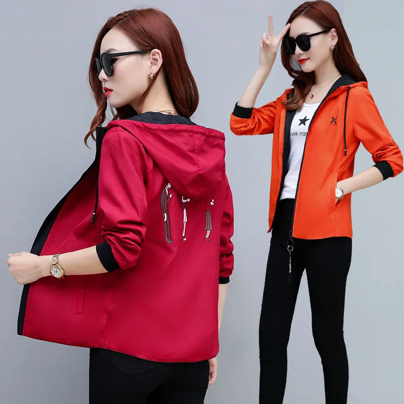 Promo  Spring women Bomber Jacket Zipper hooded Reversible wear Cartoon print outwear 2019 new loose plus 