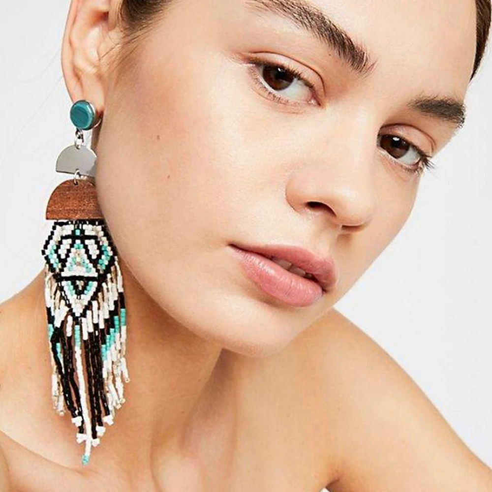 

Bohemia Summer Style Handmade Beads Drop Dangle Earring Vintage Ethnic Geometric Long Tassel Statement Earrings For Women