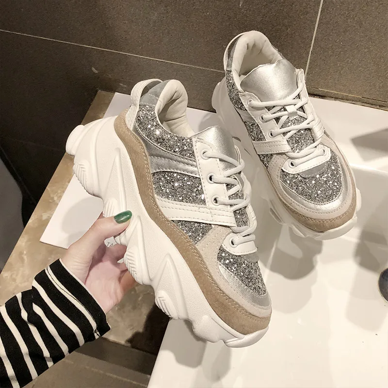 

2019 Spring NeW Women Vulcanized Shoes Fashion Sequins Sneakers Female Breathable Lace Up Casual Shoes Tenis Feminino