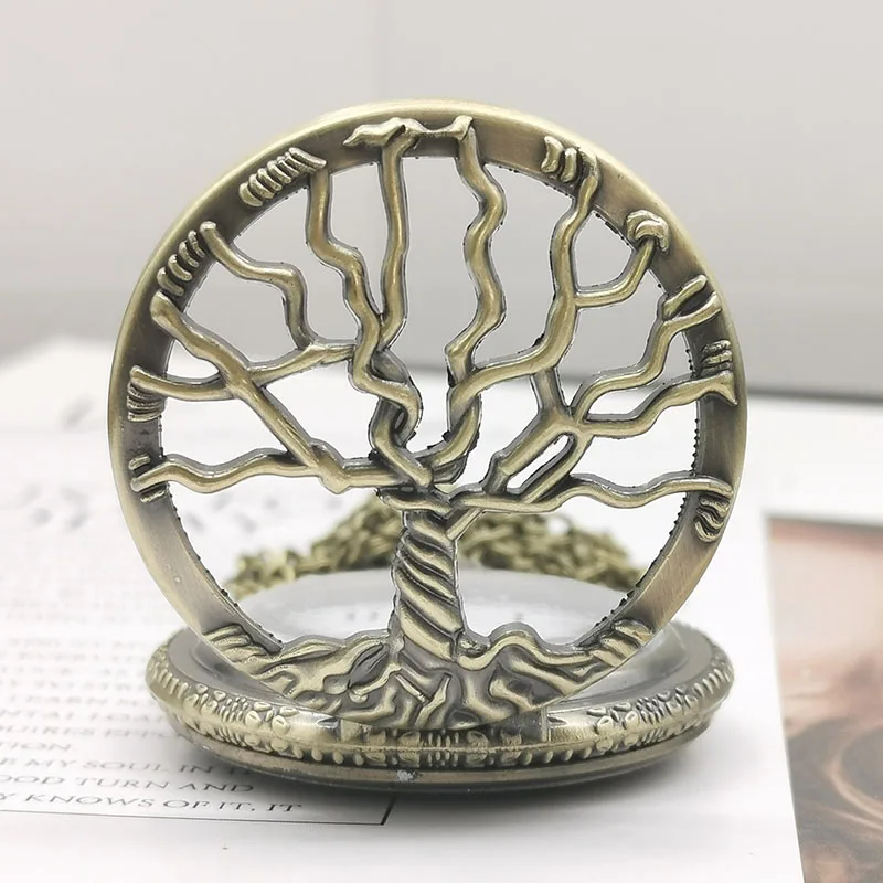 

Hollow Retro Quartz Pocket Watch Necklace Chain Bronze Big Tree Carving Design Pendant Clock Fashion Fob Pocket Watch