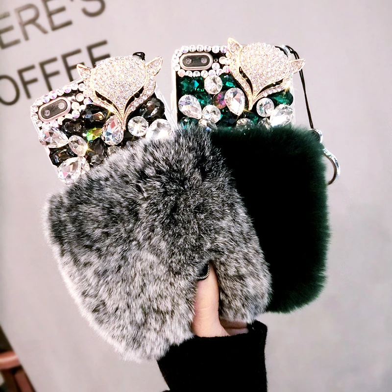 

Luxury Big Rhinestone Fox Diamond Real Rabbit Fur Soft Cover Case For iphone X XS MAX XR 5S 6 6Plus 7 8 Plus Bling Phone Case