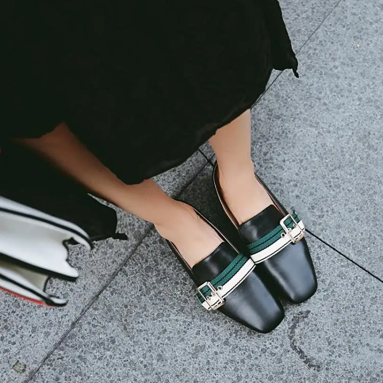 Mocasines Negro Chica Cuero Tacones Sandalias Negro Goma blanco Casuales Zapatos De Del Nueva Dedo Mujer Blanco Mujeres Hebilla Lona Chic Primavera Pie Cuadrado Zapato Ywq0CxI
