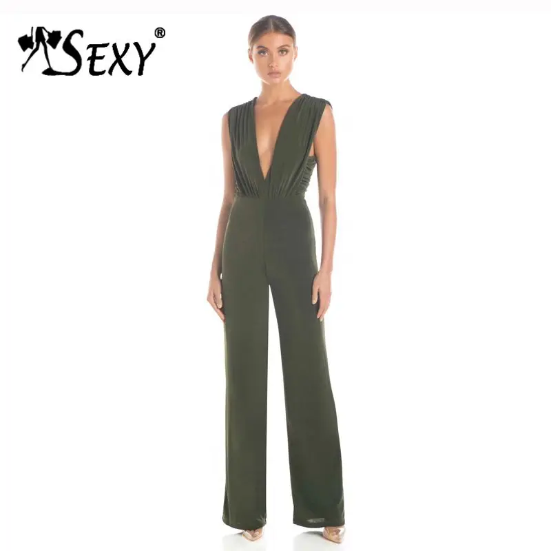 

Gosexy 2019 New Sleeveless Plunge Deep V Neckline Wide Leg Pants Fashion Sexy Ruched Pleated Party Women Jumpsuit