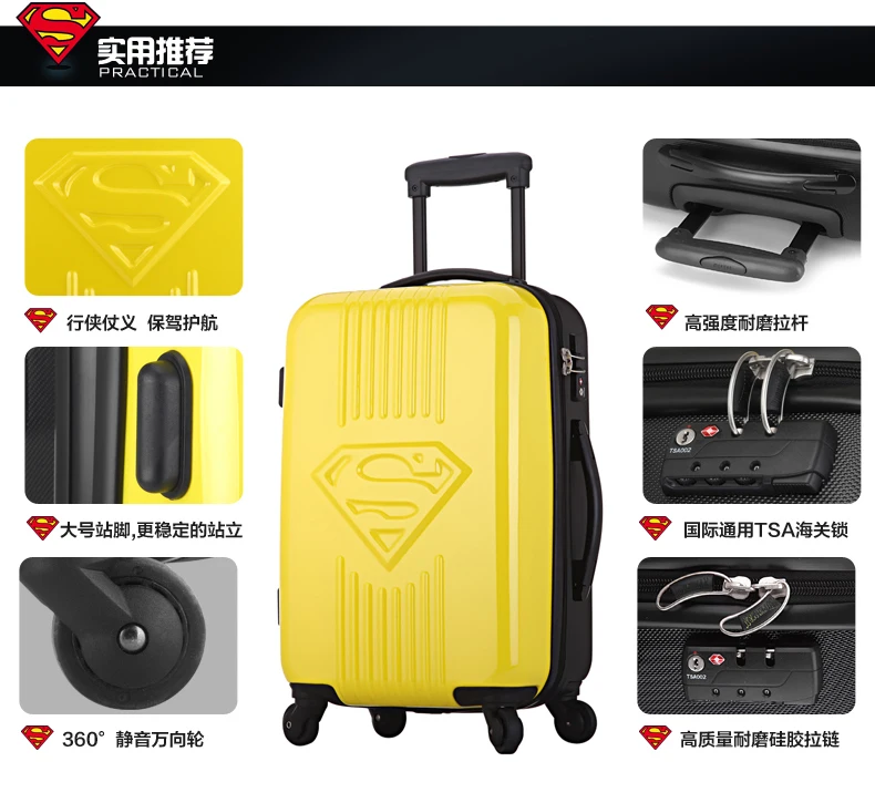 ABS/PC супермен прокатки багажа 20 24 дюймов дорожная сумка на колесах путешествия чемодан для Hero вентиляторы