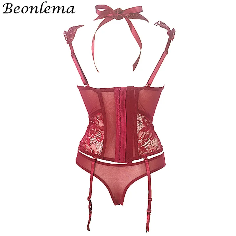 BEONLEMA See through Red Hot Lingerie Corset Bra Belt Sexy Floral Lace Bustiers Charming Strappy Transparent Underwear Women