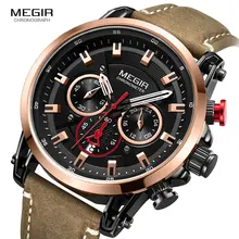 Reloj Megir de correa de cuero de ocio relojes de cuarzo para hombres 24 horas del cronógrafo 3atm impermeable ejército deportes reloj de pulsera, relojes 2085 rosa