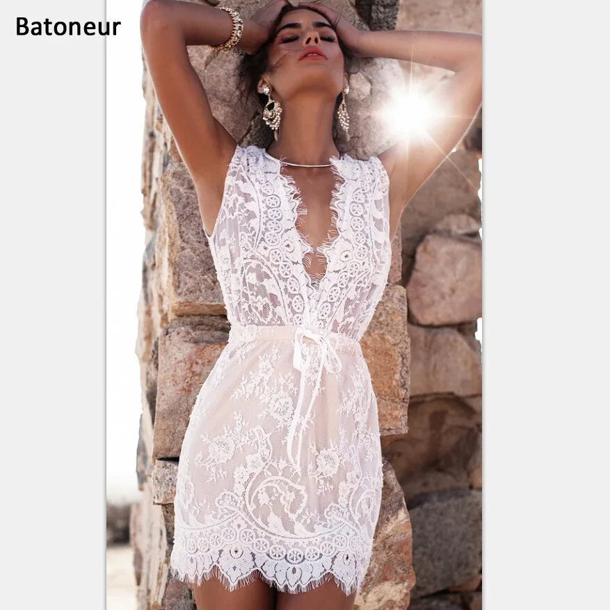 

Batoneur Summer Womens Dress Vest White Lace Dress Casual Hollow Out Floral Dresses Feamle Vestidos De Fiesta Robe