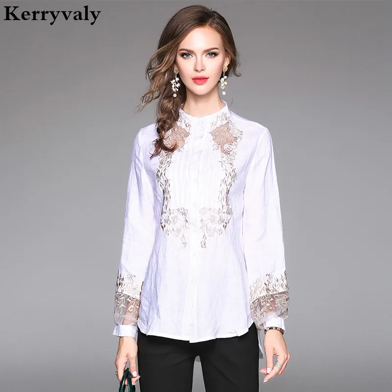

High-end Autumn Black Embroidery Cotton Shirt Women Blouses Blouse Femme Ete 2019 Casual Loose White Tops Camisas Mujer K7059
