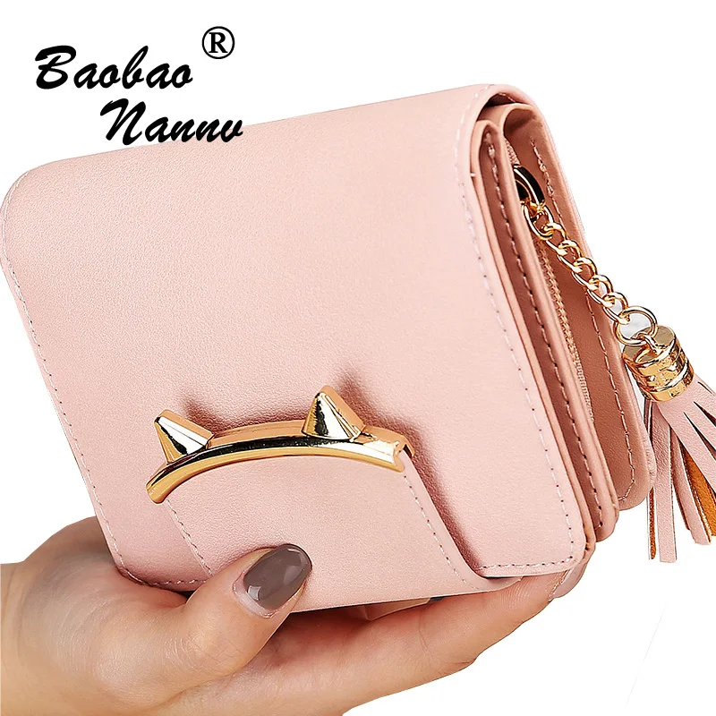 Тонкий мини кошелек с милым котом и кисточками тройного сложения в Корейском