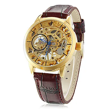 Men's Auto-Mechanical Hollow Engraving Round Dial Pu Band Analog Wrist Watch | Наручные часы