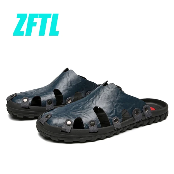 ZFTL/Новинка; мужские шлепанцы; Мужские Пляжные Шлепанцы из натуральной кожи; мужские повседневные Летние уличные тапочки; Мужская нескользящая обувь; большие размеры; 082 - Цвет: blue slippers