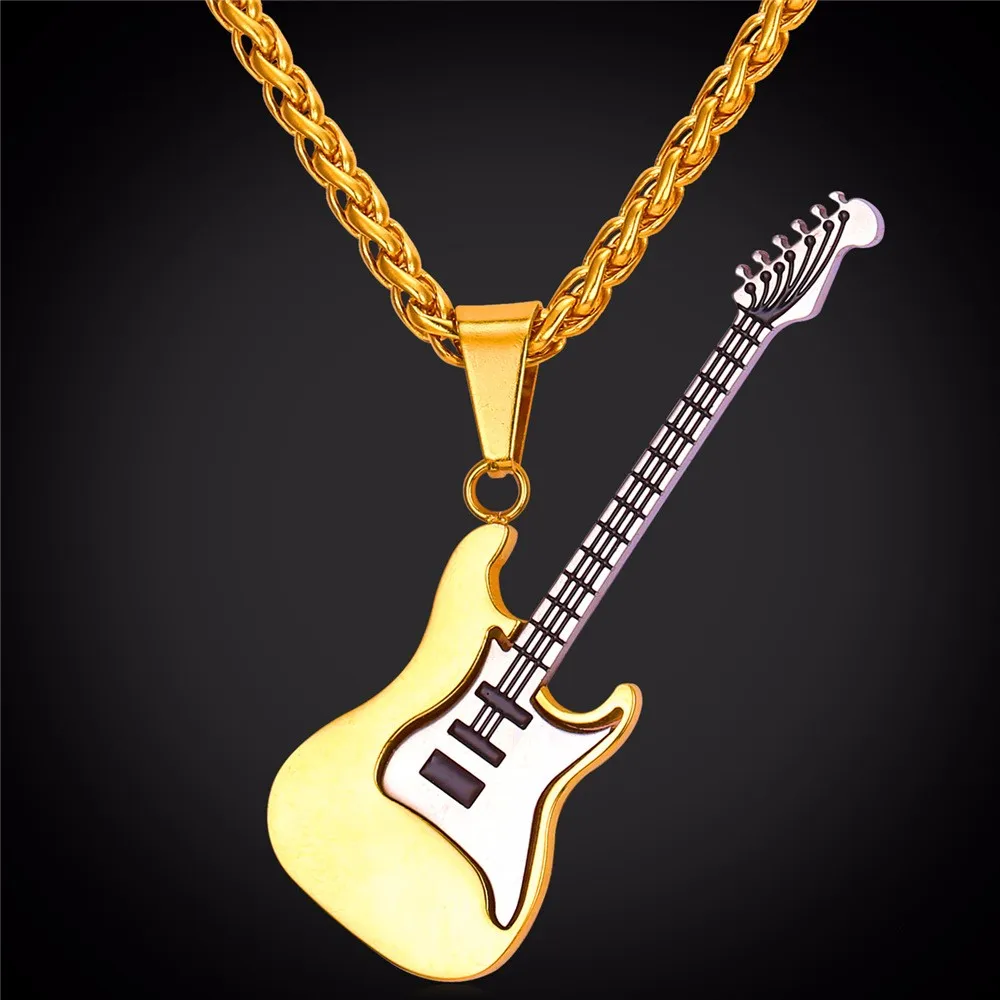 U7 Гитара Кулон Ожерелье Для Женщин /Мужчин Рок Музыкальные Ювелирные Изделия Позолоченная Цепочка С Подвеской P810