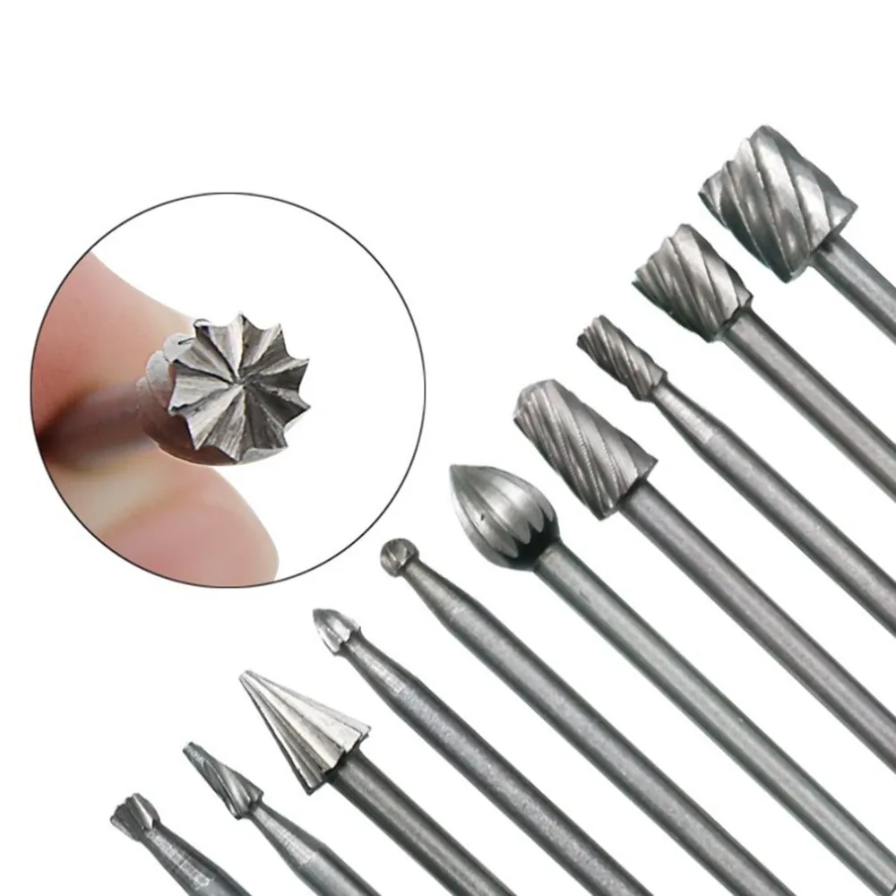 

10Pcs High Speed Steel Rotating Grinding Cut Burrs Woodworking Embossed Engraving Heads Tools Household DIY Kits
